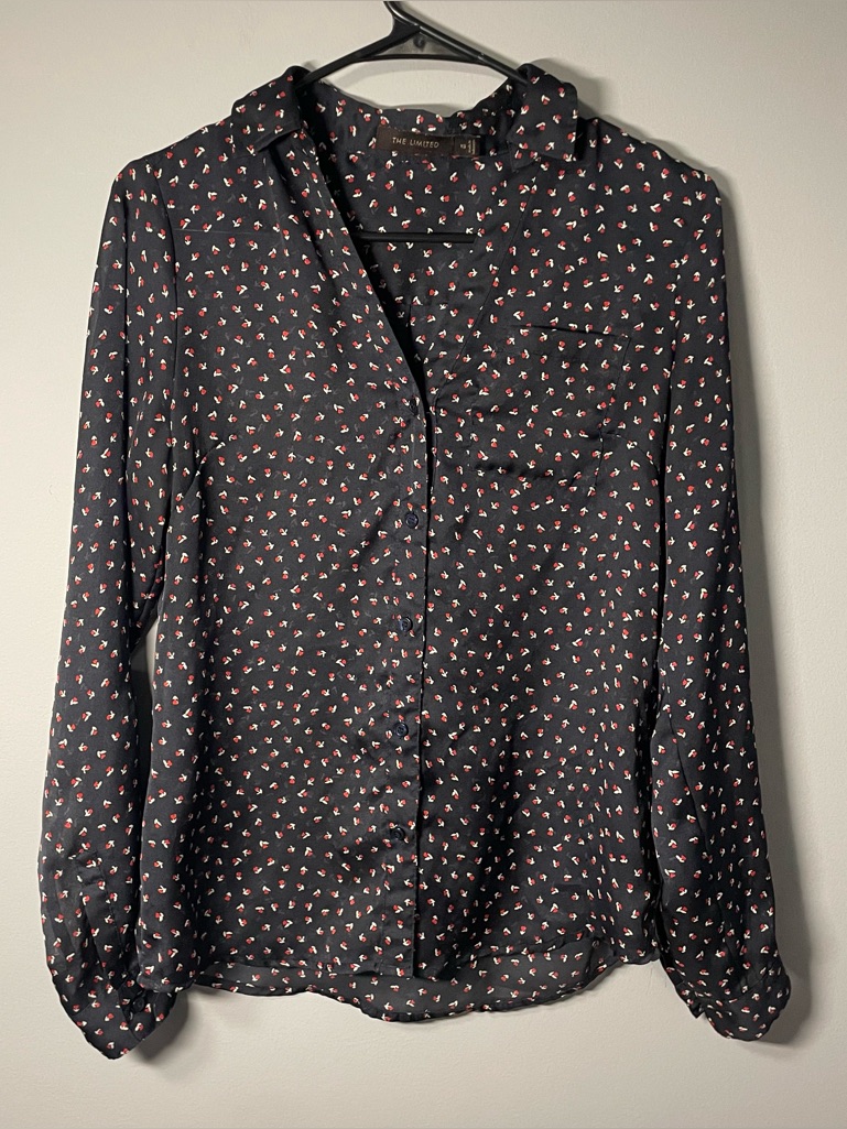 The Limited Women's Xs Navy Button-Down Sheer Blouse Floral Rose Mini Print